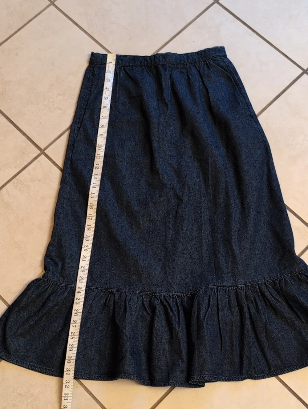 Wearhouse WareDenim Skirt A-line Ruffle Midi Skirt Dark Blue Denim Pockets 6